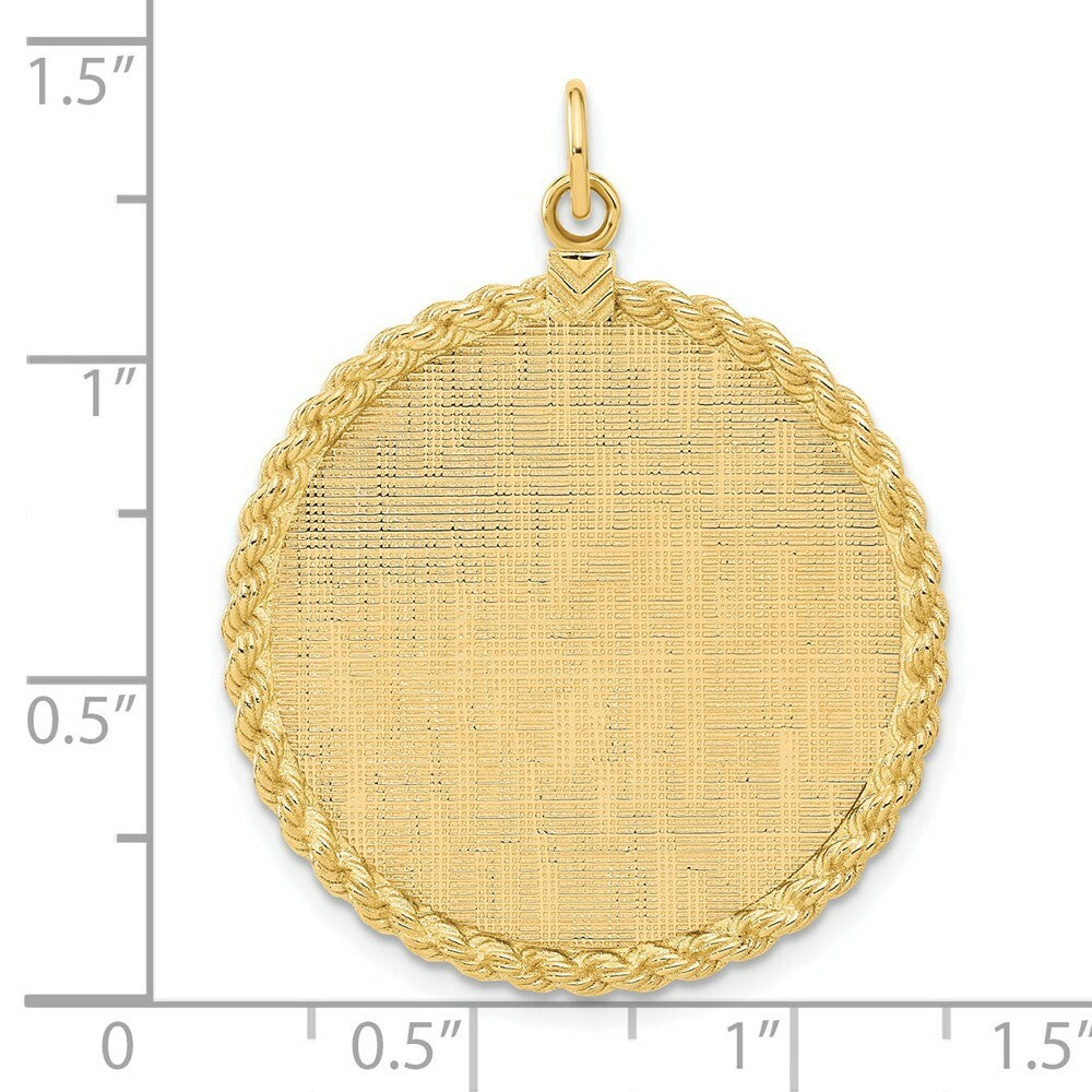 14K Yellow Gold Patterned .013 Gauge Engravable Disc Rope Charm with satin back 28mm width