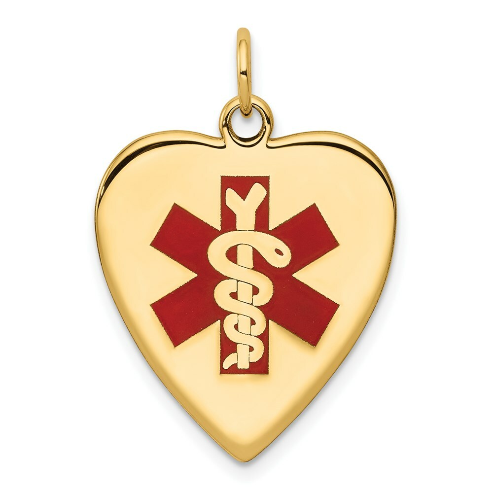 14K Yellow Gold Heart-Shaped Polished Enameled Engravable Medical Jewelry Pendant
