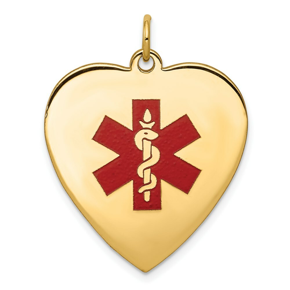14K Yellow Gold Heart-Shaped Polished Enameled Engravable Medical Jewelry Pendant