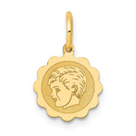 Load image into Gallery viewer, 14K Yellow Gold Boy Head on .009 Gauge Engravable Scalloped Disc Charm 10mm width
