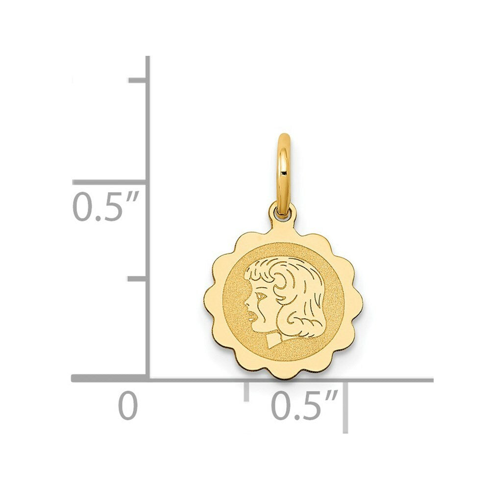 14K Yellow Gold Girl Head on .009 Gauge Engravable Scalloped Disc Charm 10mm width