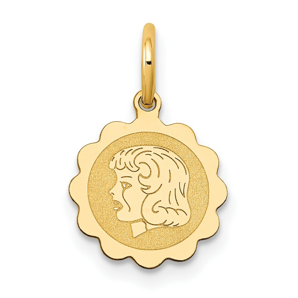 14K Yellow Gold Girl Head on .009 Gauge Engravable Scalloped Disc Charm 10mm width