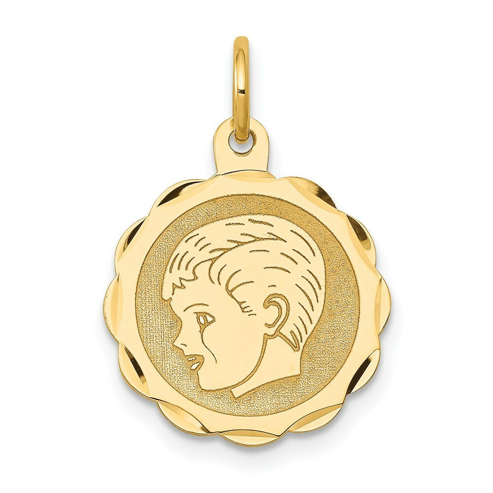 14K Yellow Gold Boy Head on .013 Gauge Engravable Scalloped Disc Charm 15mm width