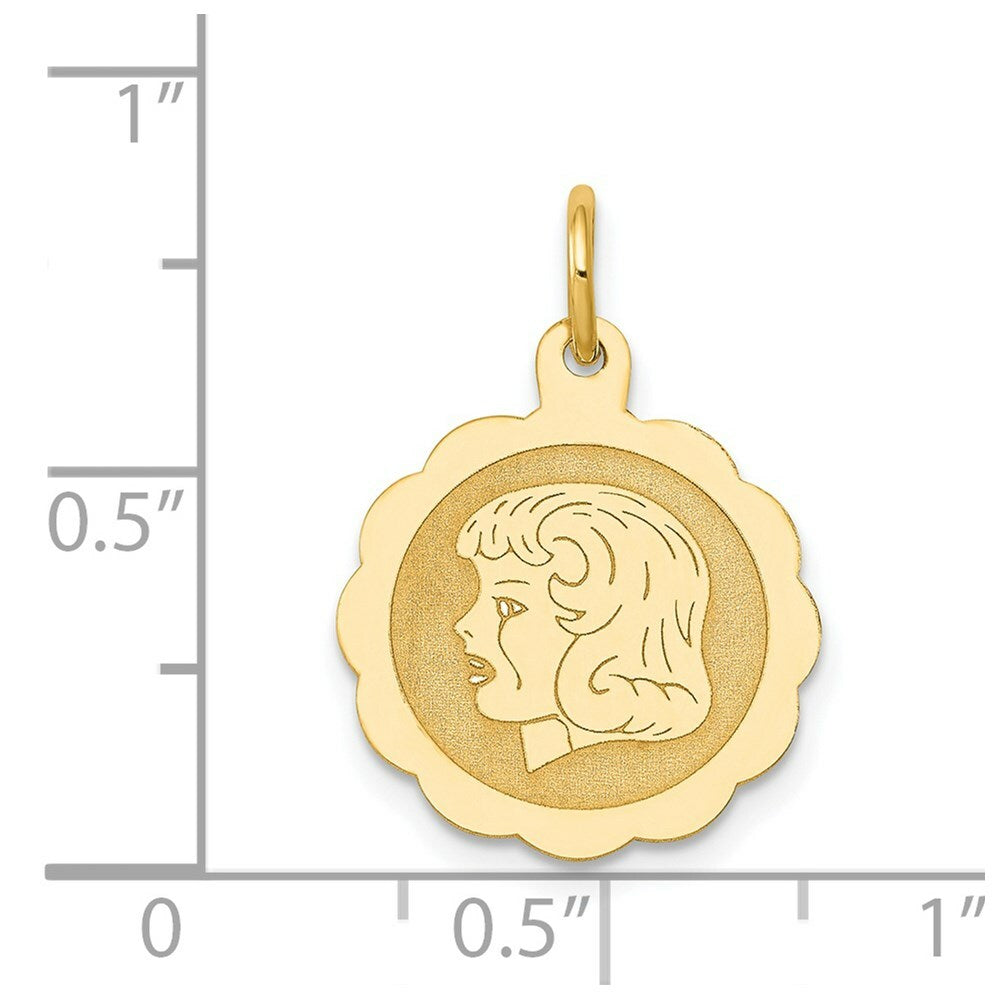 14K Yellow Gold Girl Head on .013 Gauge Engravable Scalloped Disc Charm 15mm width