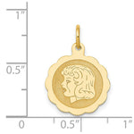 Load image into Gallery viewer, 14K Yellow Gold Girl Head on .013 Gauge Engravable Scalloped Disc Charm 15mm width

