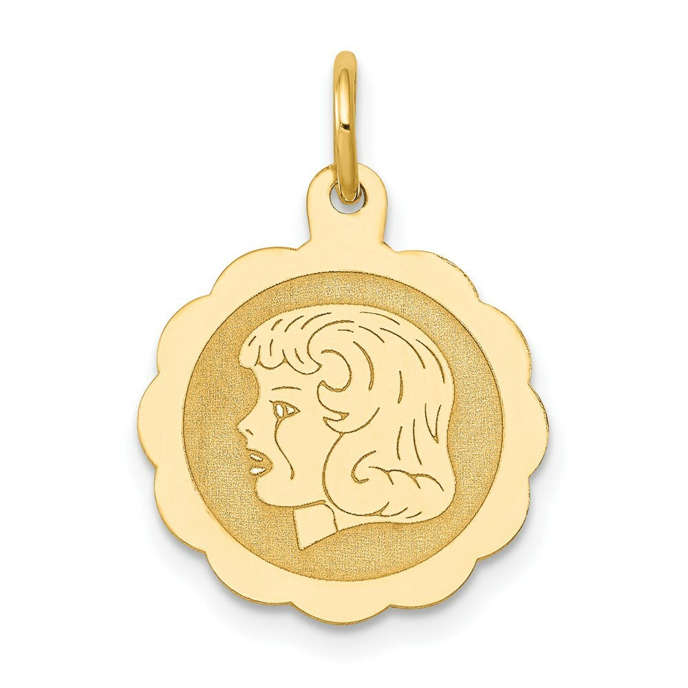 14K Yellow Gold Girl Head on .013 Gauge Engravable Scalloped Disc Charm 15mm width