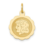 Load image into Gallery viewer, 14K Yellow Gold Girl Head on .013 Gauge Engravable Scalloped Disc Charm 15mm width
