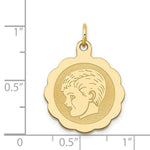 Load image into Gallery viewer, 14K Yellow Gold Boy Head on .013 Gauge Engravable Scalloped Disc Charm 16mm width
