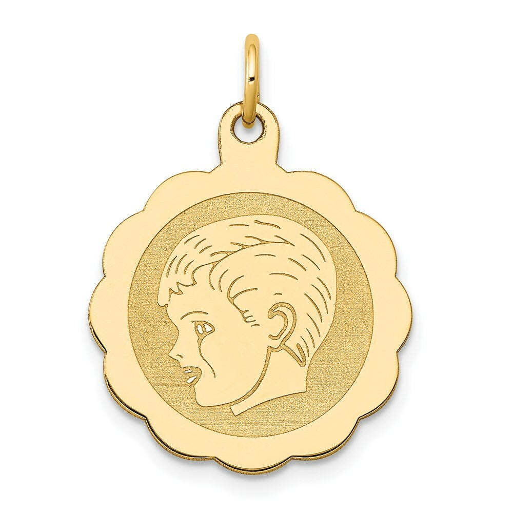 14K Yellow Gold Boy Head on .013 Gauge Engravable Scalloped Disc Charm 16mm width