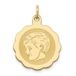 Load image into Gallery viewer, 14K Yellow Gold Boy Head on .013 Gauge Engravable Scalloped Disc Charm 16mm width
