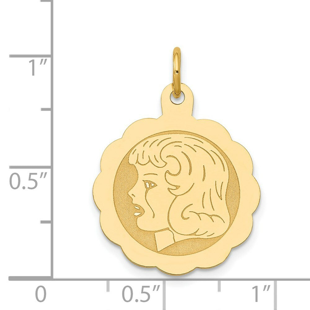 14K Yellow Gold Girl Head on .013 Gauge Engravable Scalloped Disc Charm 16mm width