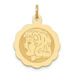 Load image into Gallery viewer, 14K Yellow Gold Girl Head on .013 Gauge Engravable Scalloped Disc Charm 16mm width
