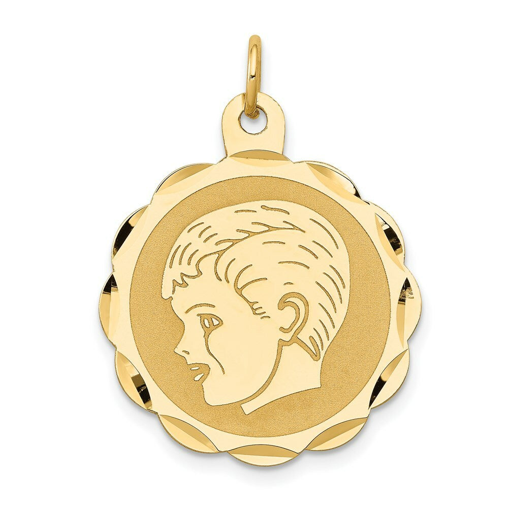 14K Yellow Gold Boy Head on .011 Gauge Engravable Scalloped Disc Charm 22mm width