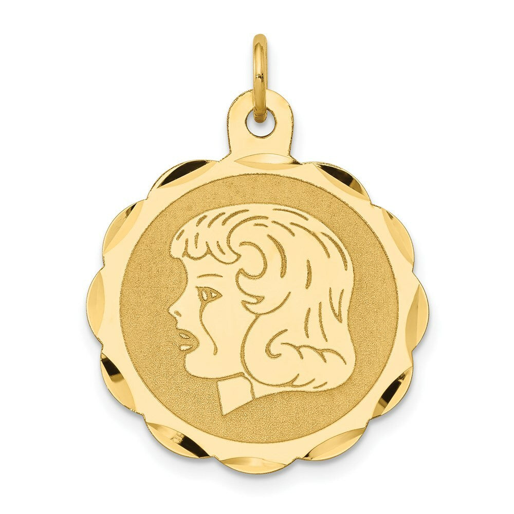 14K Yellow Gold Girl Head on .011 Gauge Engravable Scalloped Disc Charm 22mm width