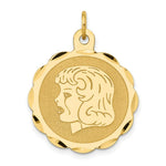 Load image into Gallery viewer, 14K Yellow Gold Girl Head on .011 Gauge Engravable Scalloped Disc Charm 22mm width
