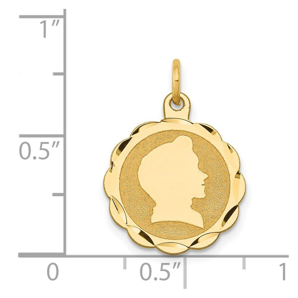 14K Yellow Gold Boy Head on .009 Gauge Engravable Scalloped Disc Charm 15mm width