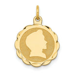 Load image into Gallery viewer, 14K Yellow Gold Boy Head on .018 Gauge Engravable Scalloped Disc Charm 15mm width

