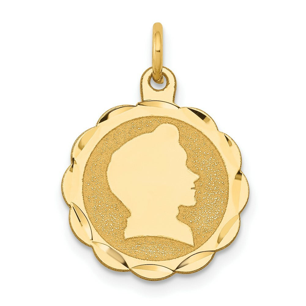 14K Yellow Gold Boy Head on .013 Gauge Engravable Scalloped Disc Charm 15mm width