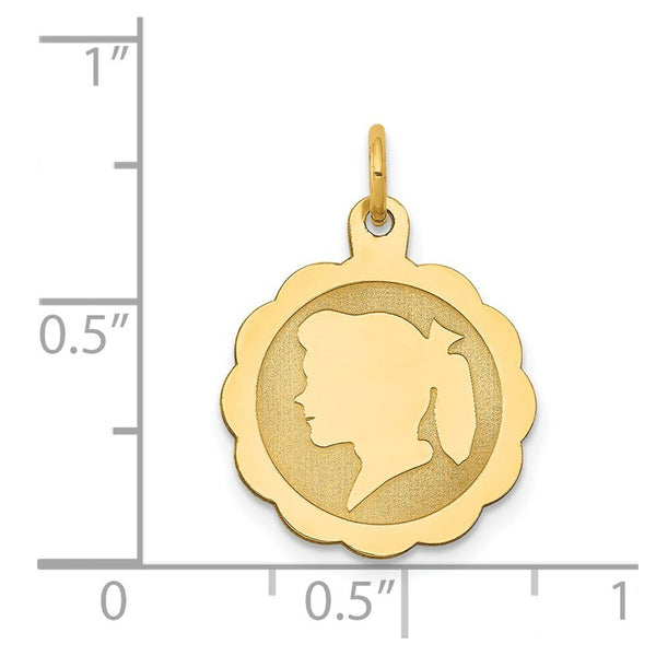 14K Yellow Gold Girl Head on .013 Gauge Engravable Scalloped Disc Charm 15mm width