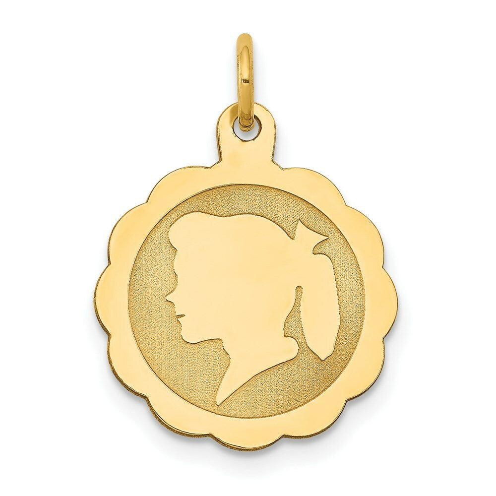 14K Yellow Gold Girl Head on .018 Gauge Engravable Scalloped Disc Charm 15mm width