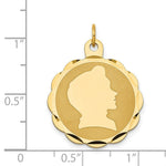 Load image into Gallery viewer, 14K Yellow Gold Boy Head on .011 Gauge Engravable Scalloped Disc Charm 22mm width
