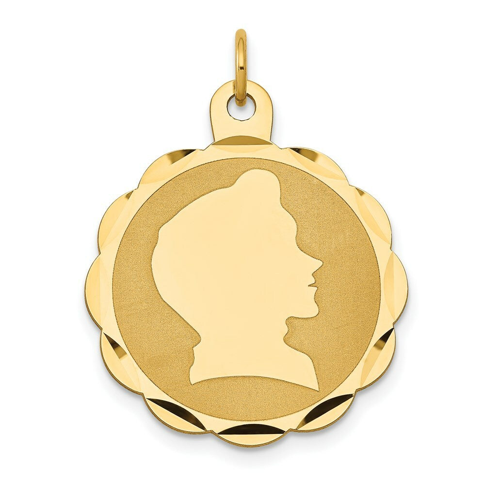 14K Yellow Gold Boy Head on .011 Gauge Engravable Scalloped Disc Charm 22mm width