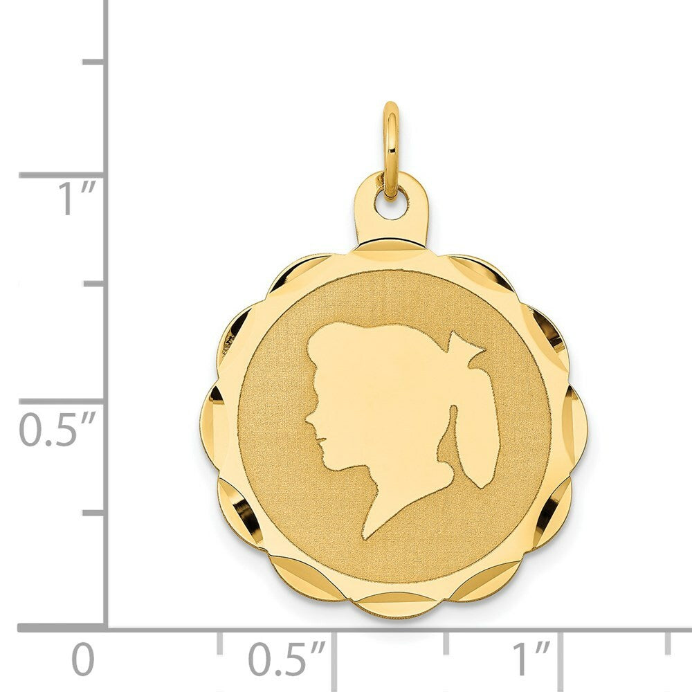 14K Yellow Gold Girl Head on .013 Gauge Engravable Scalloped Disc Charm 22mm width
