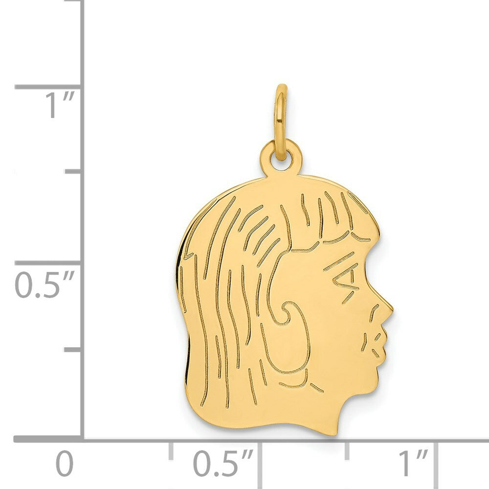 14K Yellow Gold Girl Head Engravable Charm 17mm width