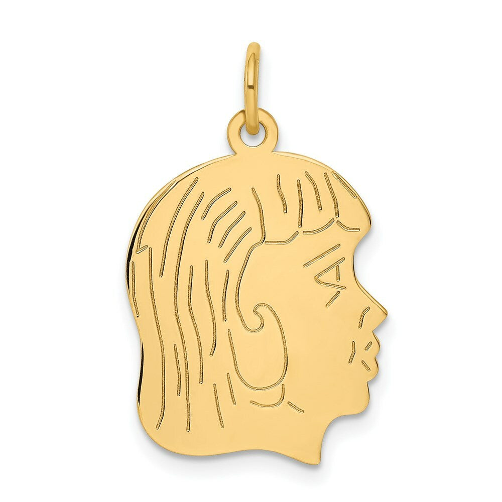14K Yellow Gold Girl Head Engravable Charm 17mm width