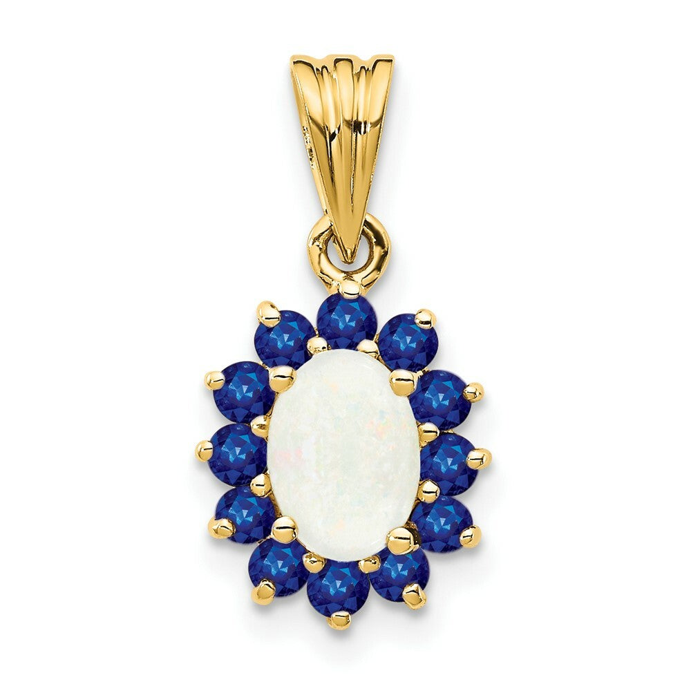 14K Yellow Gold Genuine 1/2-Carat Opal and 0.95-Carat tw Sapphire Oval Pendant