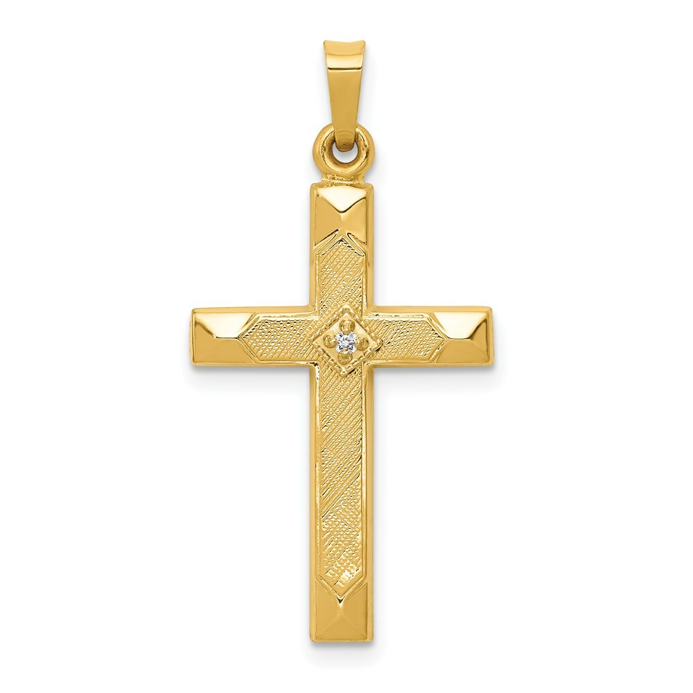 14K Yellow Gold Textured and Polished Diamond Cross Pendant