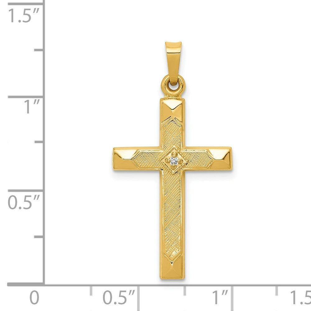14K Yellow Gold Textured and Polished Diamond Cross Pendant