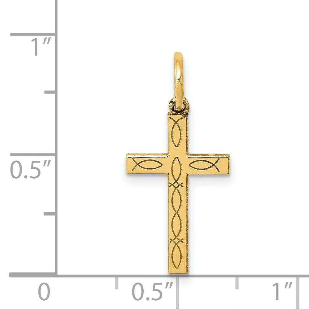 14K Yellow Gold Laser Designed Cross Charm 21mm length