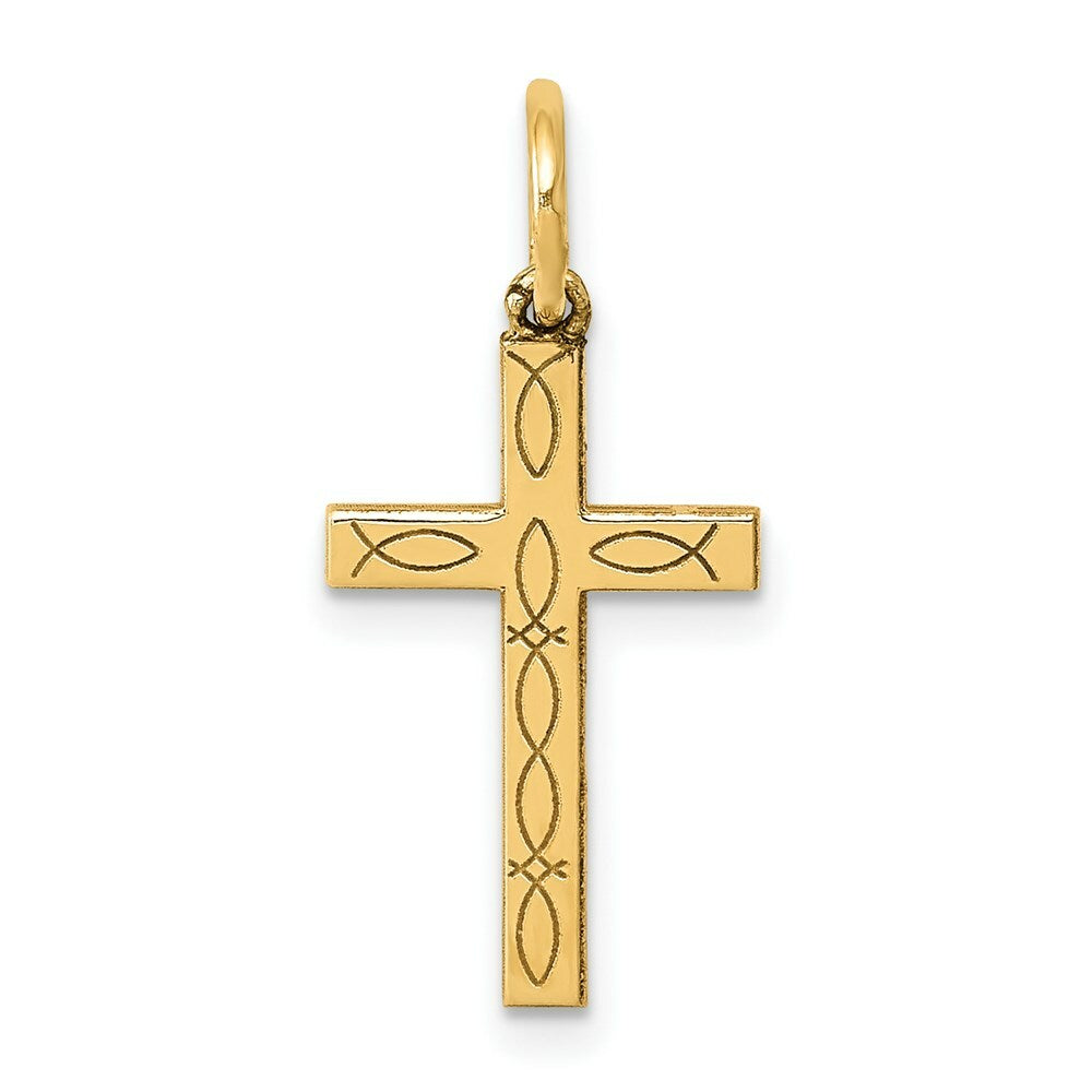 14K Yellow Gold Laser Designed Cross Charm 21mm length