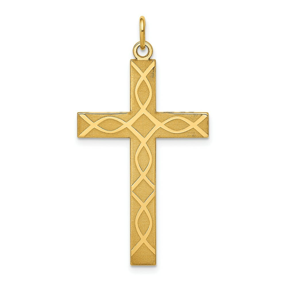 14K Yellow Gold Laser Designed Cross Pendant 40mm length