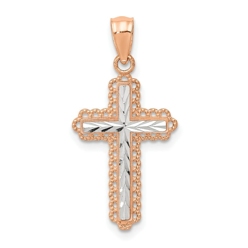 14K Rose Gold Rhodium Diamond Cut Cross Pendant