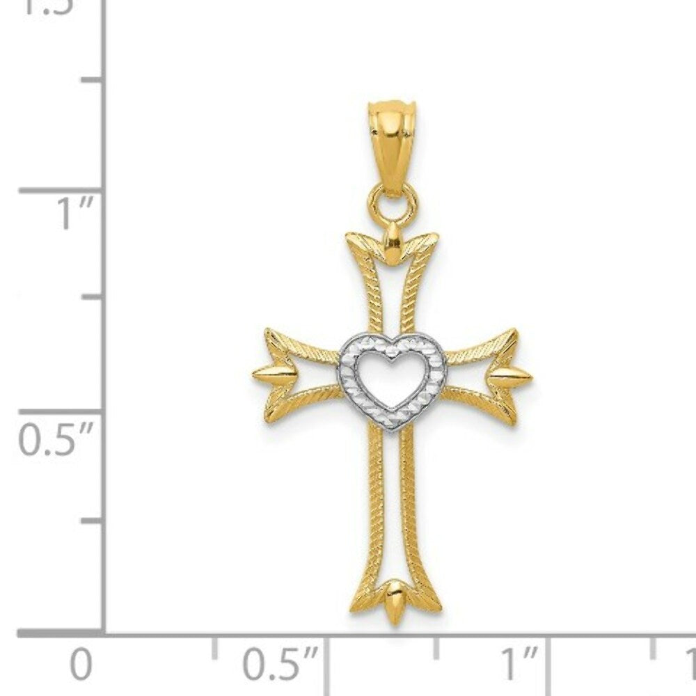 14K Yellow Gold Yellow Gold Rhodium Plated Diamond Cut Cross with Heart Pendant