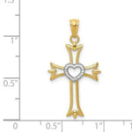 Load image into Gallery viewer, 14K Yellow Gold Yellow Gold Rhodium Plated Diamond Cut Cross with Heart Pendant
