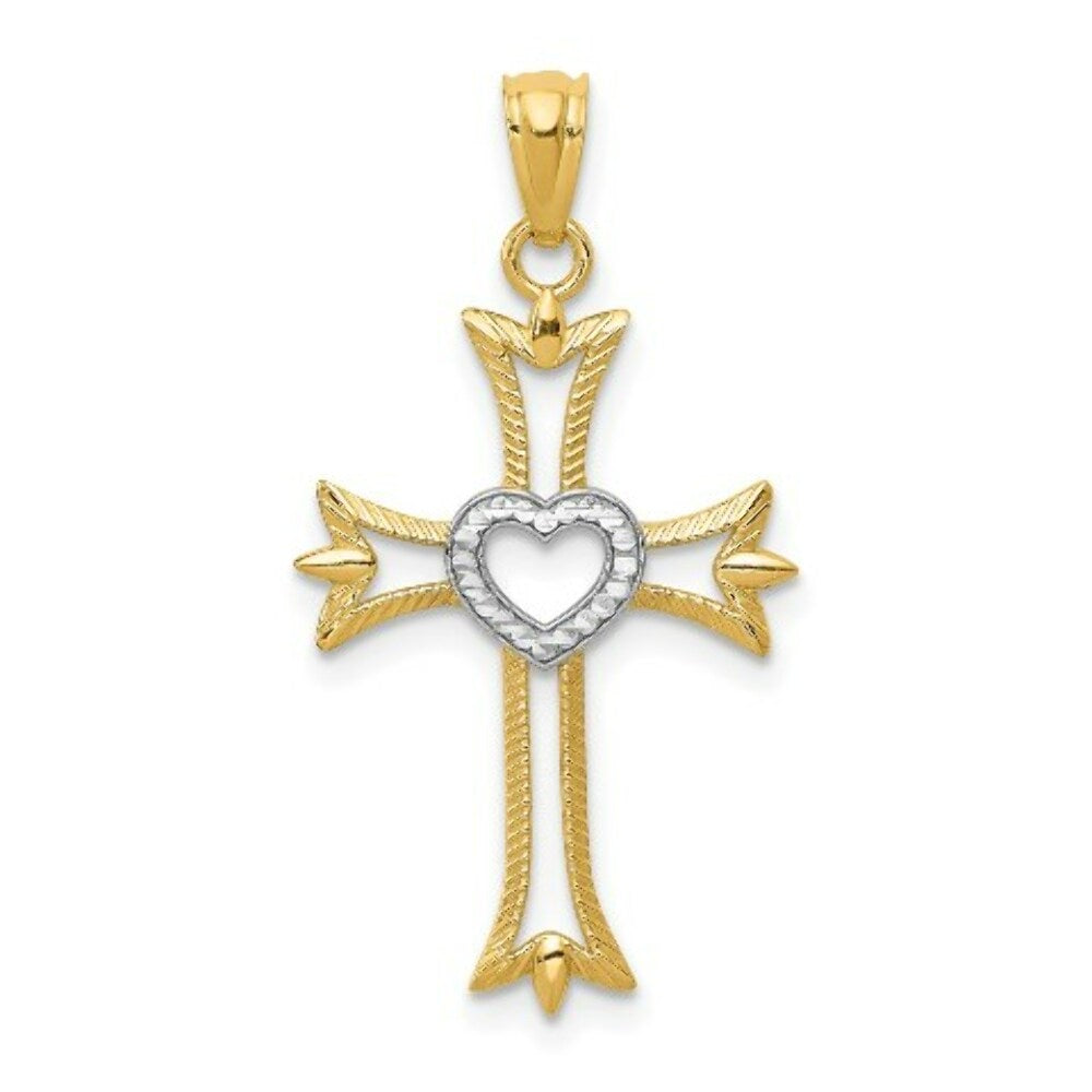 14K Yellow Gold Yellow Gold Rhodium Plated Diamond Cut Cross with Heart Pendant