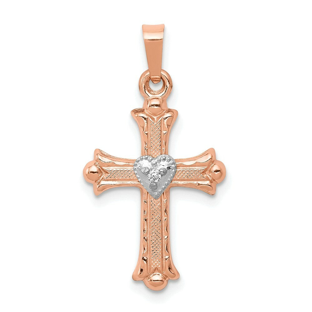 14K Two-tone Gold Rose & White Gold Diamond Cross Pendant