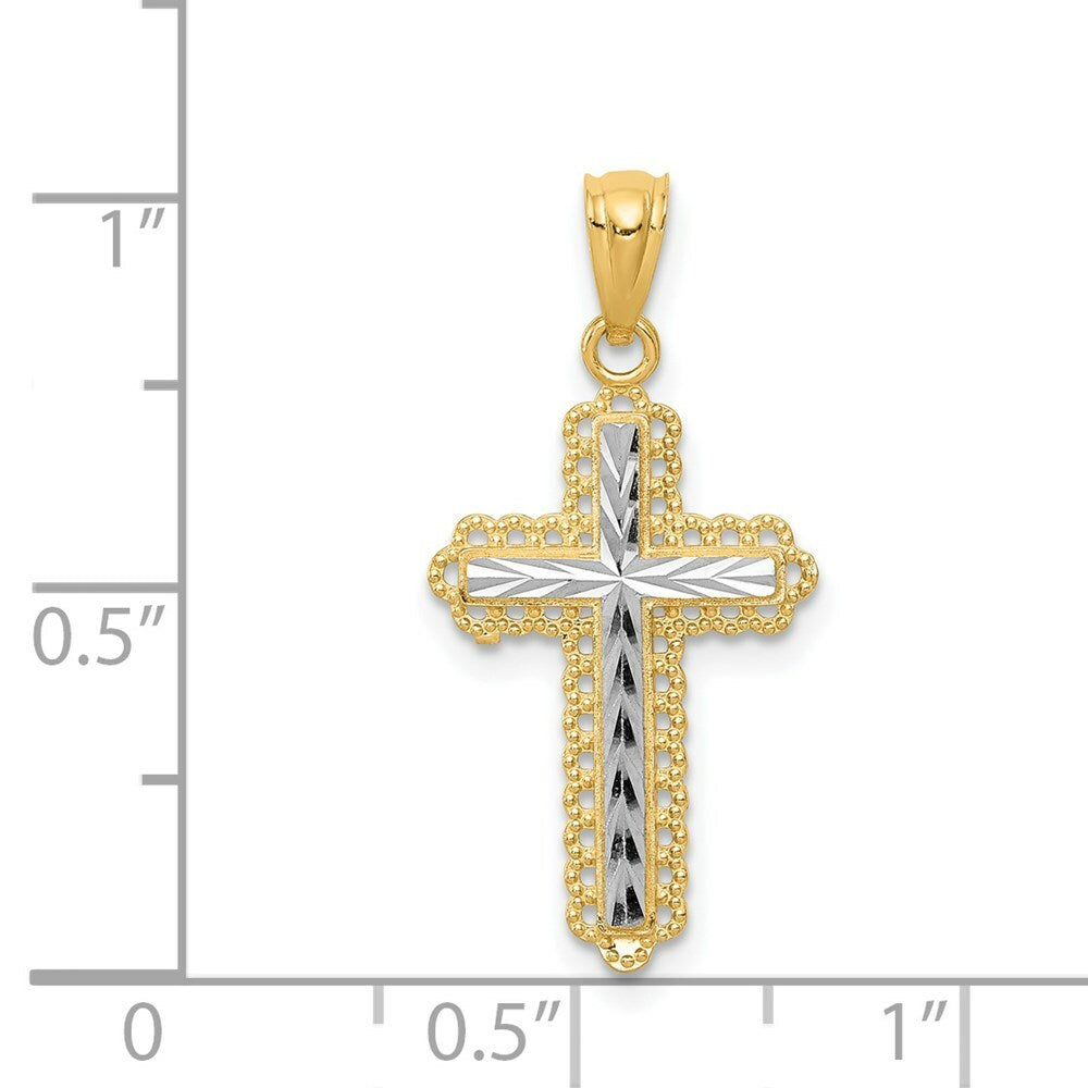 14K Yellow Gold Rhodium Diamond Cut Cross Pendant 21mm length