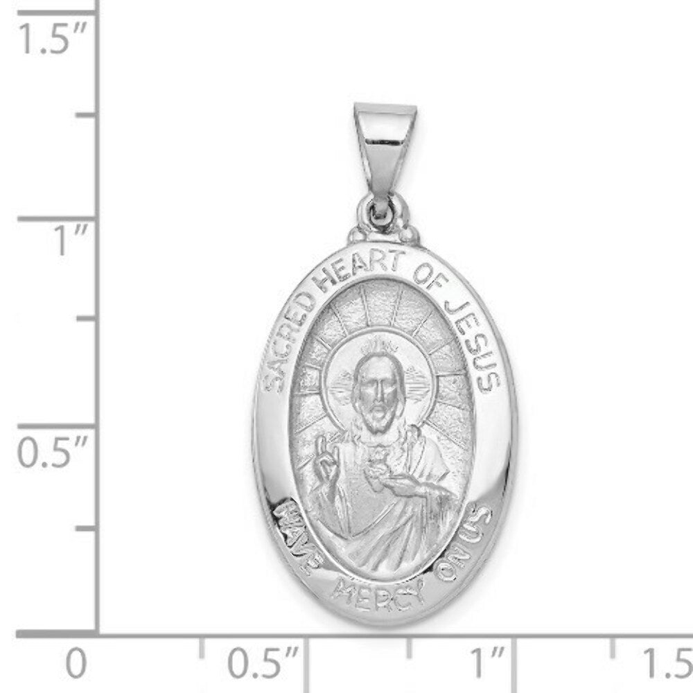 14K White Gold Polished and Satin Sacred Heart of Jesus Medal Pendant 17mm width