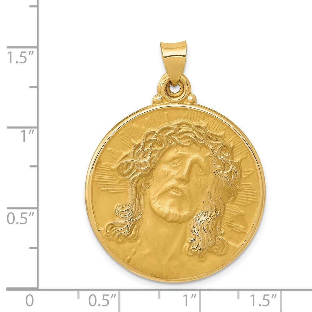 14K Yellow Gold Polished and Satin Face of Jesus Medal Pendant 28mm width