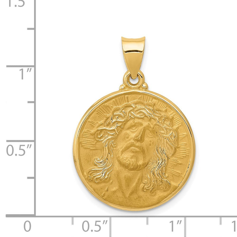 14K Yellow Gold Polished and Satin Face of Jesus Medal Pendant 21mm width