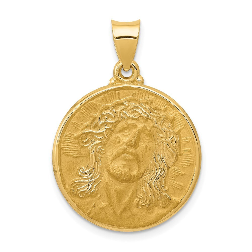 14K Yellow Gold Polished and Satin Face of Jesus Medal Pendant 21mm width