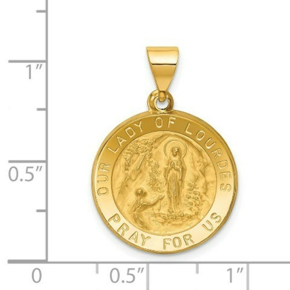 14K Yellow Gold Polished and Satin Our Lady of Lourdes Medal Pendant 19mm width