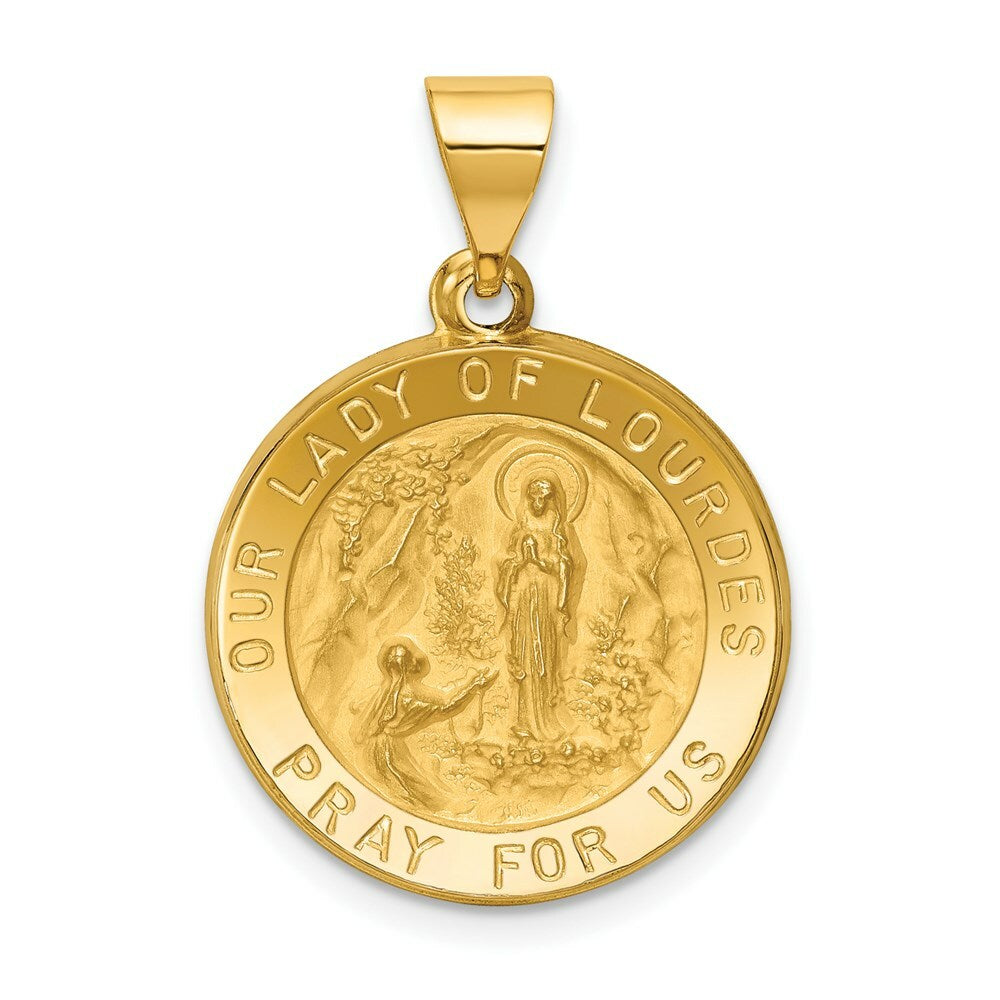 14K Yellow Gold Polished and Satin Our Lady of Lourdes Medal Pendant 19mm width