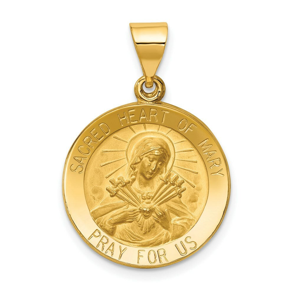 14K Yellow Gold Polished and Satin Sacred Heart of Mary Medal Pendant 19mm width