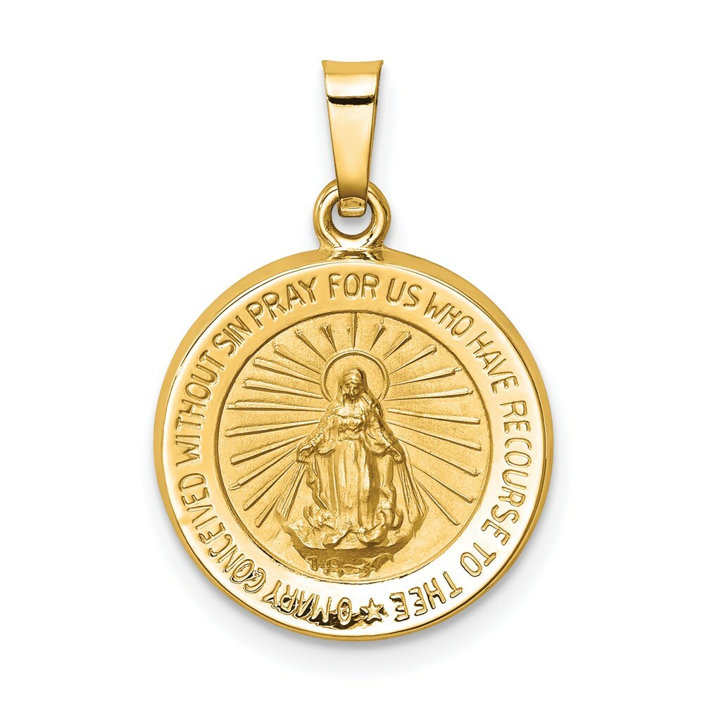 14K Yellow Gold Polished and Satin Miraculous Medal Pendant 15mm width