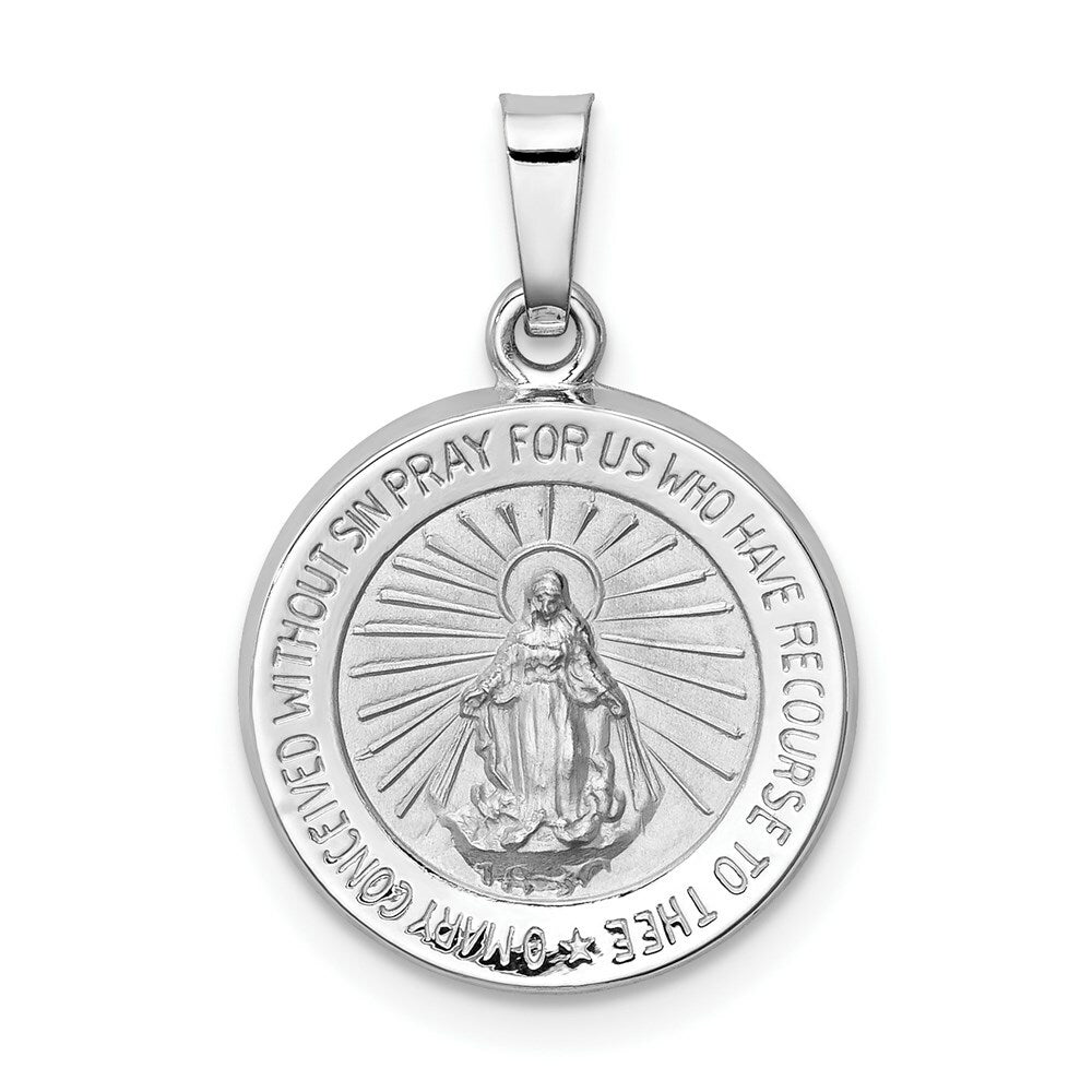 14K White Gold Polished and Satin Miraculous Medal Pendant 15mm width